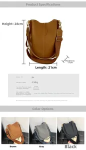 Detailed size specifications for a minimalist PU leather bucket bag in three colors