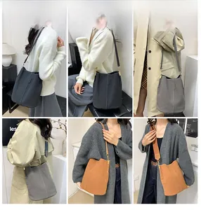 Collage of chic minimalist bucket bags in black, grey, and brown shown on model