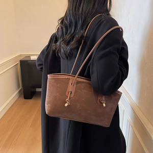 Brown vintage large tote bag in faux suede with shoulder straps and knot details