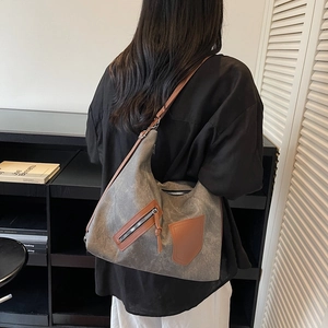 Retro grey canvas tote bag with brown leather trim and large capacity for women