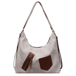 Retro grey canvas tote bag with brown straps and diagonal zipper pocket for women