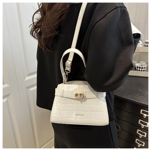 Detail showing white crocodile texture and gold letter swivel lock on stylish handbag