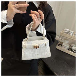 Detail of white crocodile pattern leather bag with golden twist lock and logo