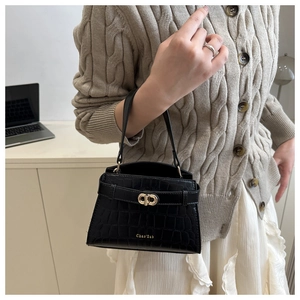 Detail of black crocodile texture leather small square bag with golden metal lock