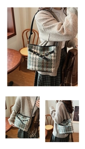 Three-view set showing a retro plaid wool bucket bag worn on shoulder in a cafe setting
