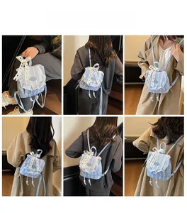 Detailed views of a blue plaid mini backpack with lace bows and decorative ruffles
