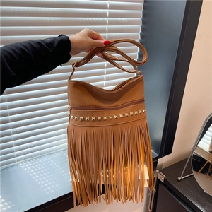 Women Trendy PU Leather Shoulder Bag With Gold Rivets And Long Tassel Bohemian Style Street Fashion Crossbody Bag For Daily Use