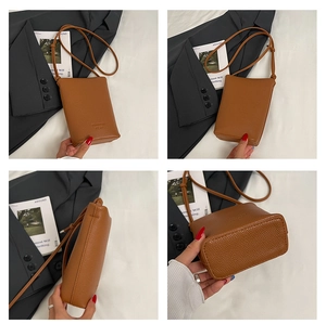 Detailed views of a brown pebbled leather crossbody phone bag from multiple angles