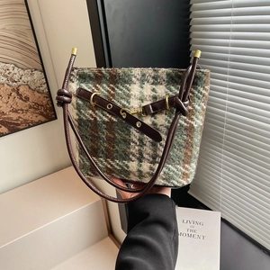 Women Bucket Bag PU Leather Tweed Woolen Retro Crossbody Shoulder Purse Fashionable Versatile Vintage Elegant
