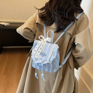Mini gingham backpack with lace bow and blue bead drawstring details in casual style