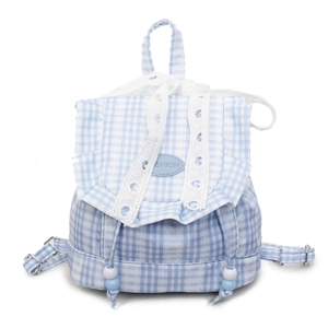 Chic light blue plaid mini canvas backpack with lace ribbon and drawstring bead details