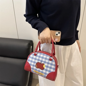 Chic blue plaid bowling bag with red trim and apple print held in a hand