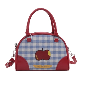 Red apple print checkered handbag with detachable strap and top handle bowling bag style