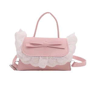 Pink lace crossbody bag with decorative bow and heart pattern detailing for women