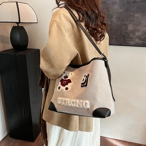 Borsa tote in tela con orsetto dei cartoni animati e finiture in pelle di grande capacità