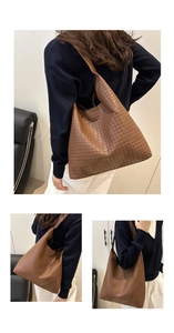 Macro detail of the caramel brown woven hobo tote bag with intricate leather texture
