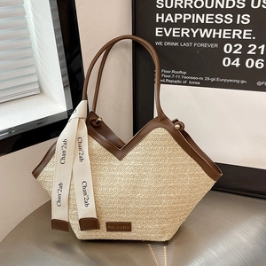 Women Fashion Straw Woven Tote Bag V-Opening Large Capacity Shoulder Bag With Ribbon PU Leather Trim Casual Vacation Bag