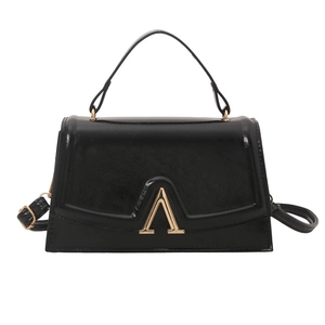 Classic black wrinkled patent leather trapezoid handbag with gold A-shaped buckle detail