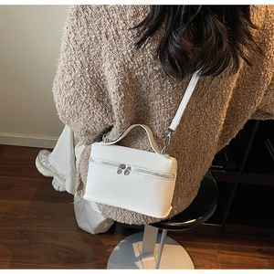 Gros plan d'un sac boîte en cuir grainé blanc avec finitions argentées et poignée