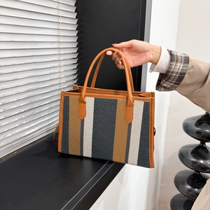 Striped Tote Bag PU Leather Woven Fabric Contrast Color Fashion Crossbody Handbag Large Capacity For Women Trendy