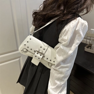 White patent leather underarm bag with metal rivets and stylish buckle decoration