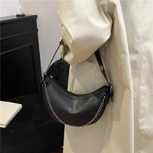 Women Fashion Black PU Leather Crescent Hobo Bag With Silver Metal Chain Decoration Wide Eyelet Strap Underarm Shoulder Bag