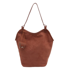 Large capacity vintage cinnamon suede bucket tote bag for women with leather charm