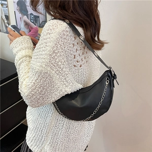 Chic black leather half-moon hobo bag with silver chain detail for women