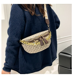Detail of retro monogram waist bag featuring gold chain and horse-shaped metal charm