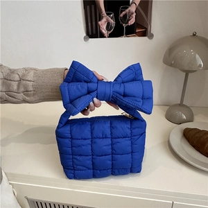 Women Chic Quilted Puffer Handbag Large Bow Handle Polyester Padded Tote Makeup Bag Square Grid Fashion Daily Bag