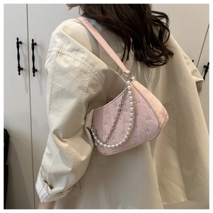 Pink quilted shoulder bag with pearl metal chain and delicate floral embroidery detail