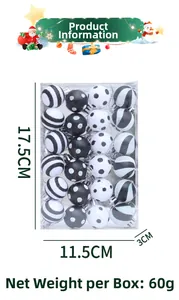 Set of 24 black and white Christmas ball ornaments with dots and stripes in 17.5cm box