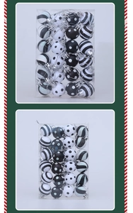 Detail of 3cm black and white Christmas balls with glitter and stripes in a clear box