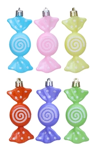 Detailansicht von 6 farbenfrohen Weihnachtsanhängern in Bonbonform mit Glitzer-Spiralen