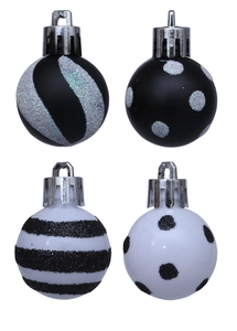 Detail of 3cm black and white mini Christmas balls with glitter patterns and silver caps