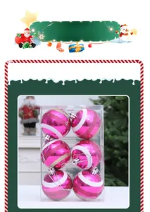 Detailed view of six 6cm pink Christmas ornaments with white and gold glitter stripes