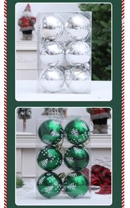 Detail of 6cm silver and green Christmas balls with white tree patterns in plastic boxes