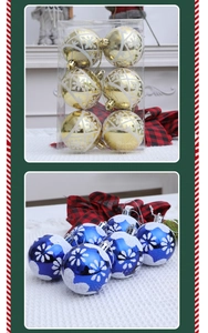Detail of hand-painted Christmas balls with gold and blue snowflake patterns for decor