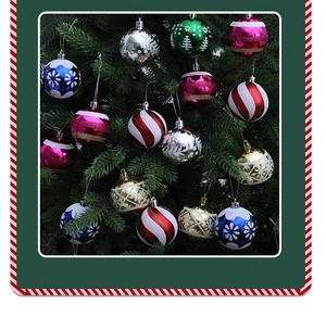 Detailed view of hand-painted Christmas balls in various patterns on a green tree branch