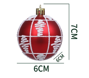 Detail view of 6cm red Christmas ball with white glitter patterns and dimension marks