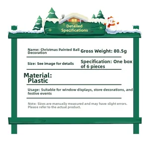 Detailed specifications of 6pcs painted Christmas balls including size, weight and material