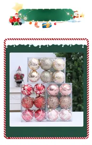 Detailed view of three boxes of 6cm Christmas ornaments with painted and glitter finishes