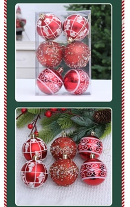Detailed close-up of 6 mixed texture red Christmas ornaments with glitter and patterns