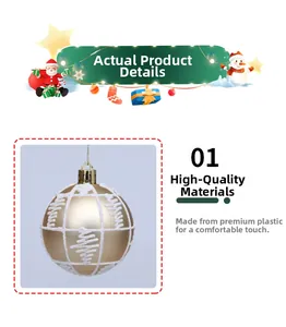 Detail of 6cm gold Christmas ball ornament with white glitter geometric patterns and cord