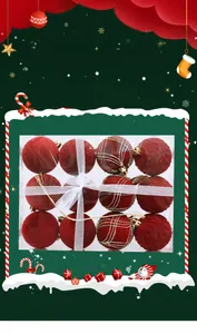Set di 12 palline di Natale rosse floccate con motivi scozzesi in confezione regalo