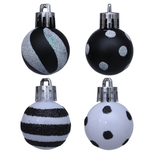 Set of 4 black and white Christmas tree ornaments with glitter stripes and polka dot patterns