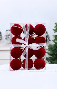 Set di 12 palline di Natale in velluto rosso floccato con nastro di organza