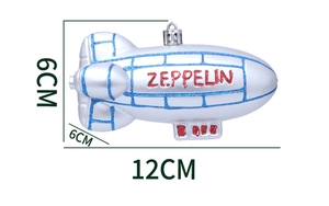 Silver zeppelin ornament with blue glitter lines and dimensions 12cm by 6cm