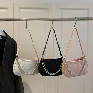 Women Fashion Quilted Rhombus Underarm Bag With Artificial Pearl Metal Chain Elegant Butterfly Pattern Synthetic Leather Shoulder Bag