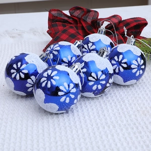 Set of six deep blue hand-painted Christmas ball ornaments with white snowflake patterns